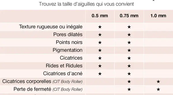Guide des tailles d'aiguilles pour dermaroller : 0.5mm, 0.75mm, 1.0mm pour divers problèmes cutanés.