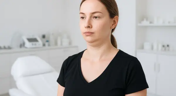 Kobieta z podwójnym podbródkiem, rozważająca zabieg lipolizy podbródka. W tle gabinet medycyny estetycznej.