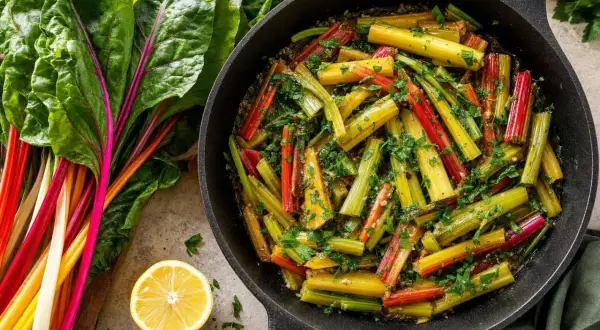 Poêlée colorée de blettes, une recette simple et savoureuse. Les côtes multicolores sont coupées et cuites avec des herbes et du citron.