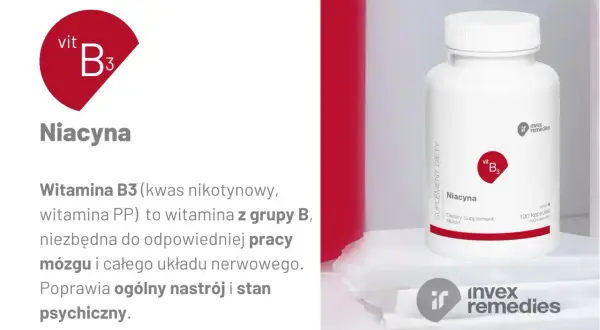 Niacyna co to? Witamina B3, niezbędna dla mózgu i układu nerwowego, poprawia nastrój. Opakowanie suplementu diety.