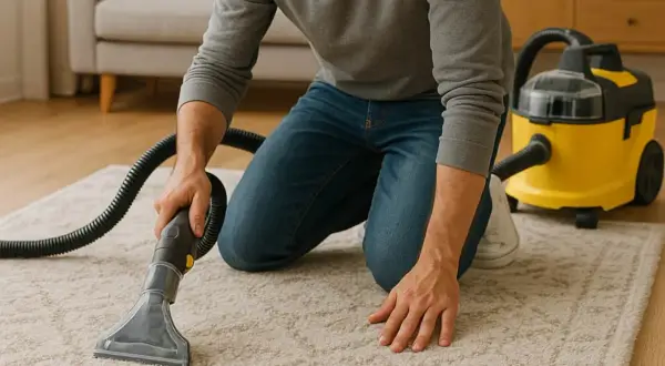 Mann kniet auf hellem Teppich und reinigt ihn mit einem Nass-/Trockensauger. Die Methode teppich trocken reinigen wird angewendet.