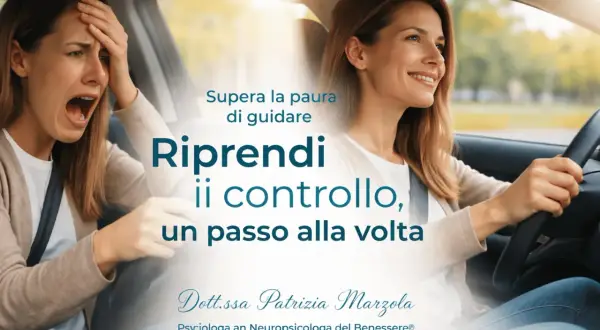 Donna con ansia alla guida, terrorizzata, contrapposta a una donna serena al volante. Supera la paura di guidare.