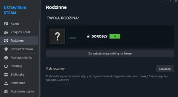 Ekran ustawień Steam z sekcją "Rodzinne", ikoną pytajnika i opcją "Dorosły: Ja".
