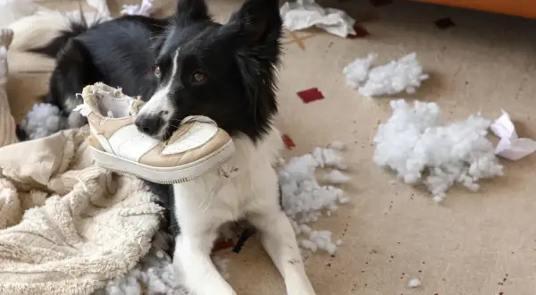 Pies rasy border collie z butem w pysku, otoczony kłębkami wypełnienia. Wygląda na to, że to objawy lęku separacyjnego u psa.