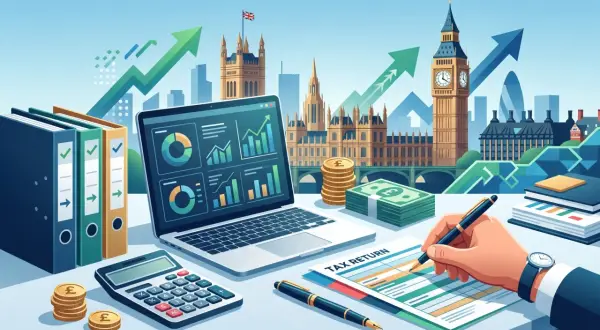 Londynskie budynki, laptop z wykresami, pieniądze i formularz "Tax Return" symbolizują rozliczenie podatku w Anglii.