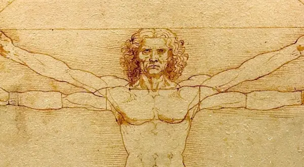 Człowiek witruwiański ciekawostki: rysunek Leonarda da Vinci ukazuje idealne proporcje ludzkiego ciała wpisane w okrąg i kwadrat.