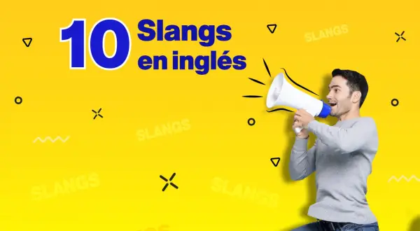Hombre anunciando "10 Slangs en inglés" con megáfono. ¡Aprende el inglés más cool!