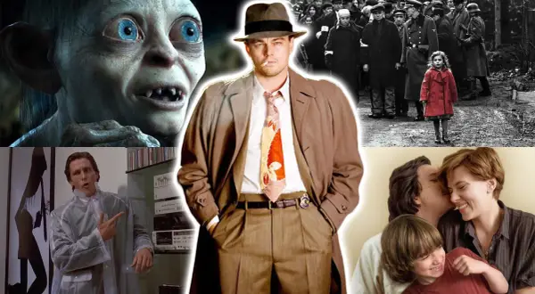 Collage av filmscener: Gollum, Leonardo DiCaprio som detektiv, en flicka i röd kappa under andra världskriget, och en familj. Dessa är exempel på verklighetsbaserade filmer.