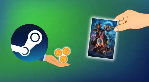 Dłoń trzyma okładkę gry "Baldur's Gate", obok logo Steam i monet.