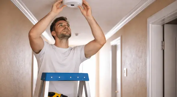 Un homme installe un détecteur de fumée au plafond, pensant à la durée de vie du détecteur de fumée pour sa sécurité.