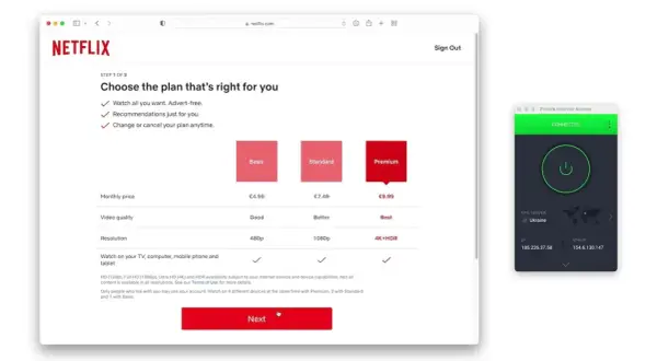 Wybór planu Netflix: Basic, Standard, Premium. Obok okno VPN z połączeniem do Ukrainy.