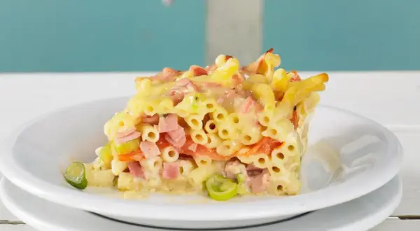 Ein Stück saftiger Makkaroni Auflauf mit Schinken, Gemüse und Käse, serviert auf einem weißen Teller.