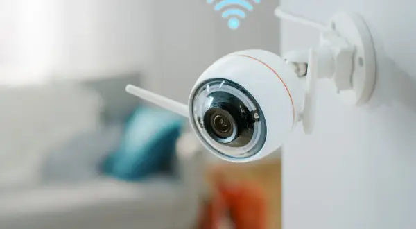 Caméra de surveillance Wi-Fi blanche fixée au mur, avec un symbole Wi-Fi bleu au-dessus. Vous vous demandez pourquoi ma caméra ne se connecte pas en wifi ?
