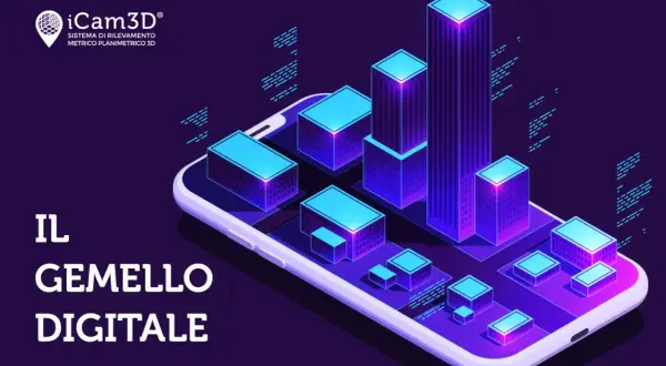 Il gemello digitale di un edificio, rappresentato da blocchi luminosi su uno smartphone, simboleggia la digitalizzazione e la modellazione 3D.