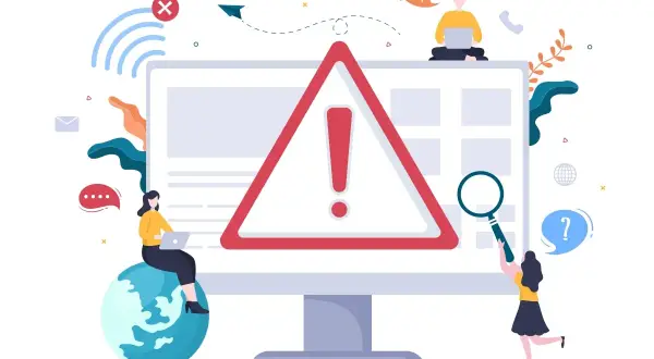 Un grand panneau d'avertissement avec un point d'exclamation rouge domine l'écran d'un ordinateur. Des personnes travaillent sur des ordinateurs, entourées d'icônes de communication et de symboles, suggérant des problèmes techniques ou des caractères s...