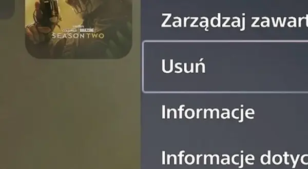 Ekran PS5 z opcją "Usuń" pod "Zarządzaj zawartością". Dowiedz się, jak odinstalować grę na PS5, wybierając tę opcję.