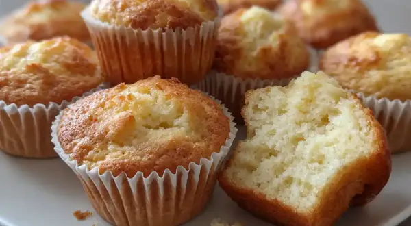 En tallrik med nybakade muffins, ett perfekt muffins recept. En muffin är uppäten och visar en fluffig insida.