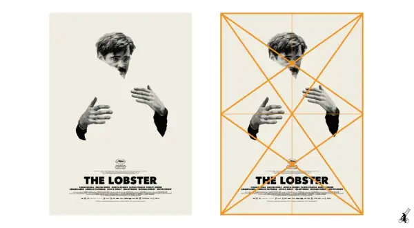 Two examples of movie posters for "The Lobster," one with graphic design guides, featuring Colin Farrell's face and hands.