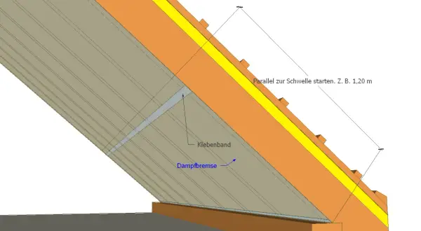 Detailansicht: Dampfbremse anbringen. Klebeband sichert die Folie parallel zur Schwelle.