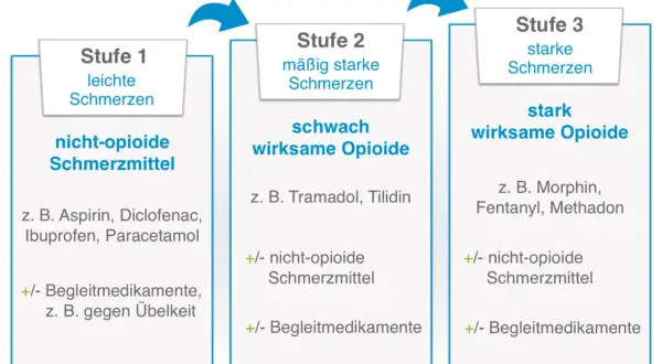 Schmerztherapie: Stufe 1 (leichte Schmerzen) mit nicht-opioiden Mitteln, Stufe 2 (mäßig starke) mit schwach wirksamen Opioiden, Stufe 3 (starke) mit stark wirksamen Opioiden. Dies ist ein wichtiger Aspekt der Onkologie.