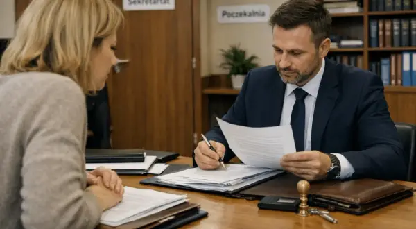 Mężczyzna w garniturze wyjaśnia kobiecie, ile kosztuje poświadczenie dziedziczenia u notariusza.
