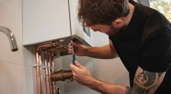 Un technicien ajuste une chaudière. Attention, trop de pression chaudière dangereux.