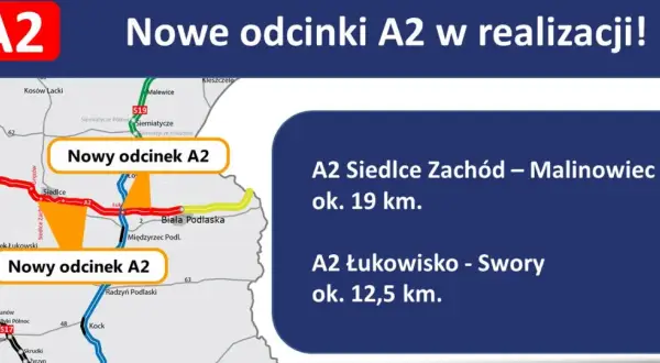 Mapa pokazuje nowe odcinki A2 Siedlce Zachód - Malinowiec i A2 Łukowisko - Swory, ułatwiające podróż między Siedlcami a Białą Podlaską.