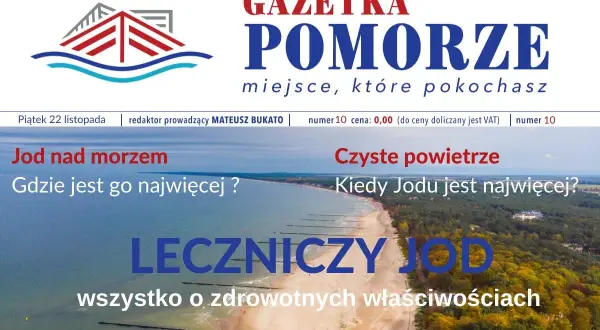 Widok na plażę i morze z tekstem "Jod nad morzem" i "Leczniczy jod".