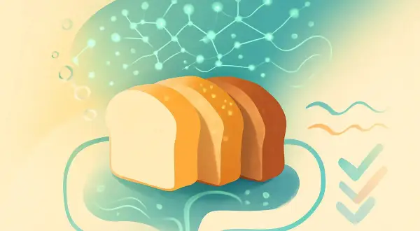 Kromki chleba w pastelowych barwach, symbolizujące najzdrowszy chleb na jelita, unoszą się nad abstrakcyjnym kształtem przypominającym układ trawienny.