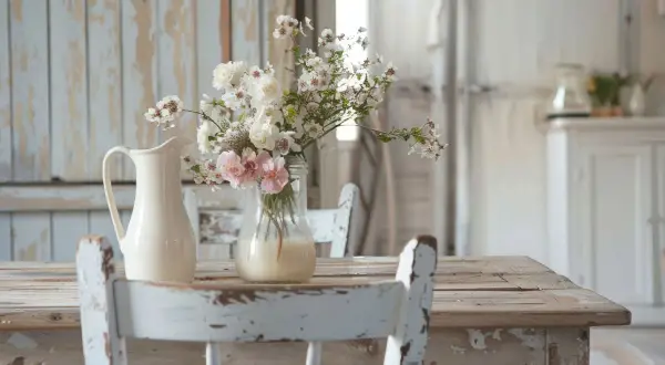 Un tavolo di legno consumato, sedie bianche sbiadite e un vaso di fiori bianchi e rosa creano un'atmosfera romantica con un **effetto shabby**.