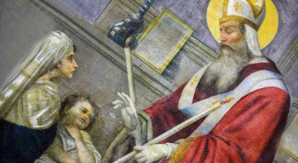 San Biagio, con il suo proverbio di guarigione, benedice un bambino malato, mentre una donna prega.