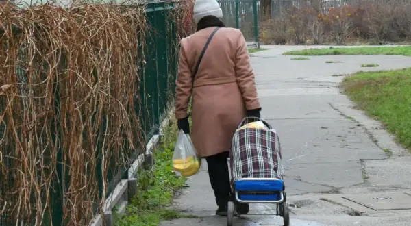Starsza pani z wózkiem na zakupy i bananami w torbie, idzie ścieżką. Może to być obraz symbolizujący demencję starczą i codzienne zmagania.