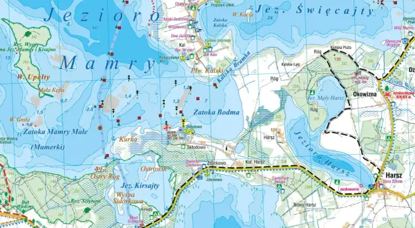 Mapa pokazuje fragment Mazur, gdzie jezior jest wiele, m.in. Mamry, Kirsajty, Harsz.