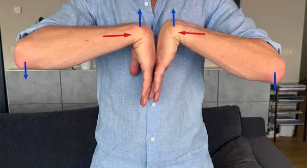 Man visar övningar för att lindra kramp i handleden. Blå pilar visar rörelseriktning, röda pilar visar stretch.