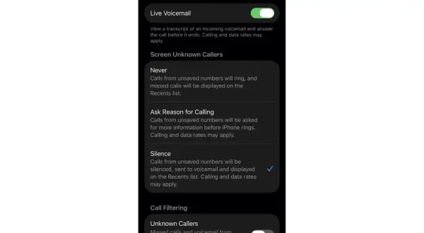 Configuración del teléfono para filtrar llamadas no deseadas y llamadas spam.
