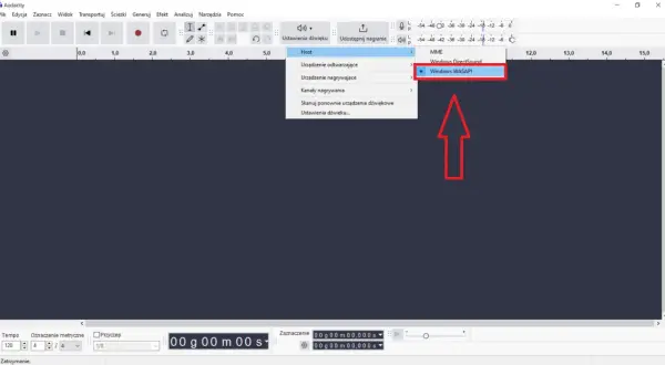 Wybór Windows WASAPI do nagrywania dźwięku z komputera w Audacity.