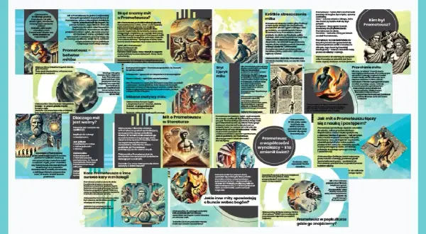 Kompozycja z ilustracjami i tekstem na temat mitu o Prometeuszu.