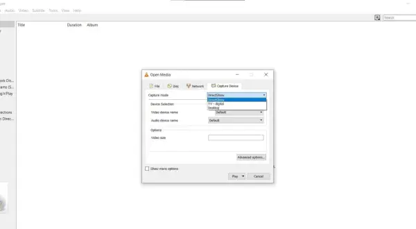 VLC media player's "Open Media" window, showing the "Capture Device" tab with "DirectShow" selected for capture mode, ready to record.
