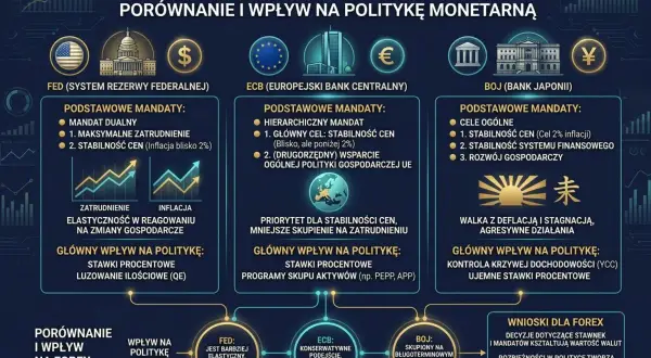 Porównanie mandatów banków centralnych (FED, EBC, BOJ) i ich wpływu na politykę monetarną, uwzględniające **datę waluty a datę operacji**.