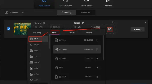 Selecting MP4 as the target format for an MPG video conversion.