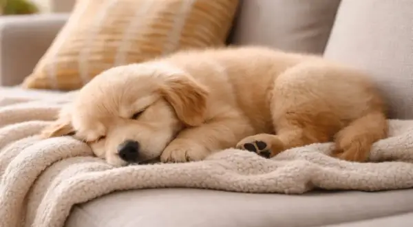 Uroczy szczeniak golden retriever śpi na kanapie, zwinięty w kłębek. Może mu się śni, że pies szczeka przez sen, bo porusza łapką.
