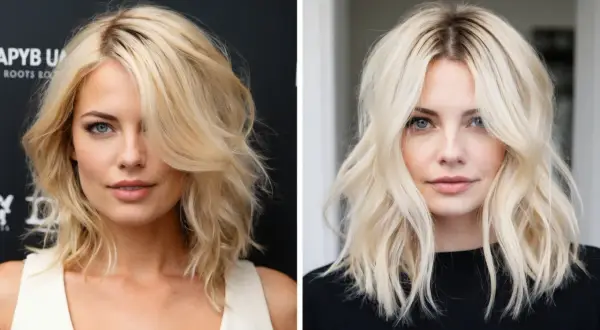 Zabieg odcienia od blond do naturalnej barwy włosów. Kobieta z niebieskimi oczami i falowanymi włosami.