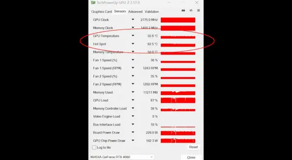 GPU-Z zeigt, wie warm eine Grafikkarte werden darf: GPU-Temperatur 55.6°C, Hot Spot 62.5°C.