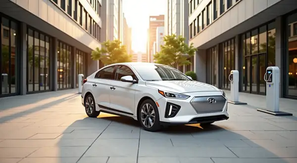 Biały Hyundai Ioniq 5, samochód elektryczny od Hyundai Motor Company, zaparkowany przy ładowarkach w miejskim otoczeniu.