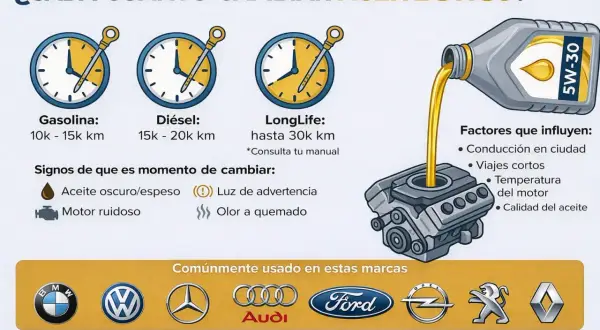 Guía visual sobre cada cuanto se cambia el aceite 5W30 para gasolina, diésel y LongLife. Incluye signos de cambio y factores que influyen.