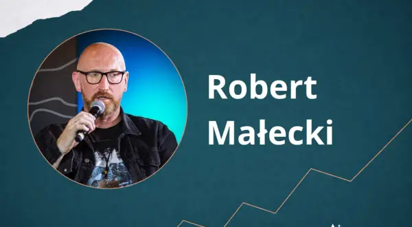 Robert Małecki, autor wielu inspirujących książek, przemawia na tle grafiki.