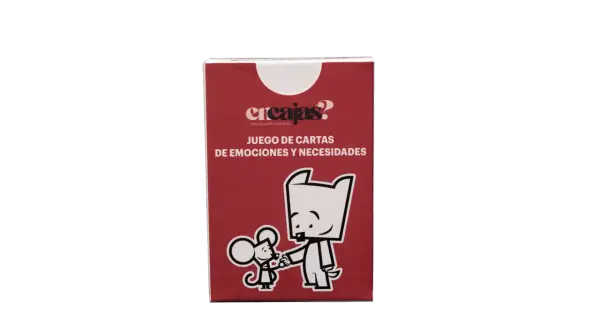Caja de juego de cartas "Encajas?" con ilustraciones de un ratón y un perro. Explora cartas de emociones y necesidades para entenderte mejor.