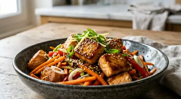Délicieux wok de poisson aux légumes croquants et graines de sésame, garni de ciboule fraîche. Un plat savoureux et coloré.