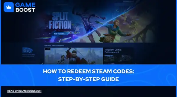 Grafika przedstawia interfejs platformy Steam z grami "Split Fiction" i "Kingdom Come: Deliverance II" oraz kartami podarunkowymi Steam.