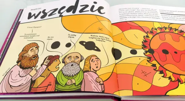 Ilustracja z książki o muzyce: Pitagoras i inni filozofowie dyskutują o muzyce wszechświata.